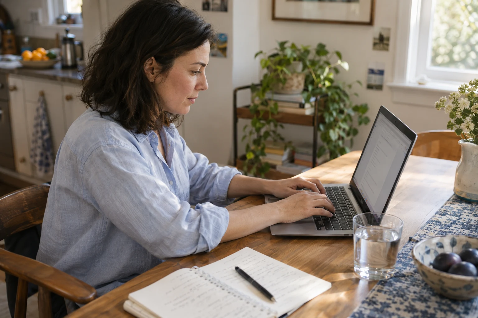 Illustration : une personne utilise son ordinateur et prend des notes chez elle.