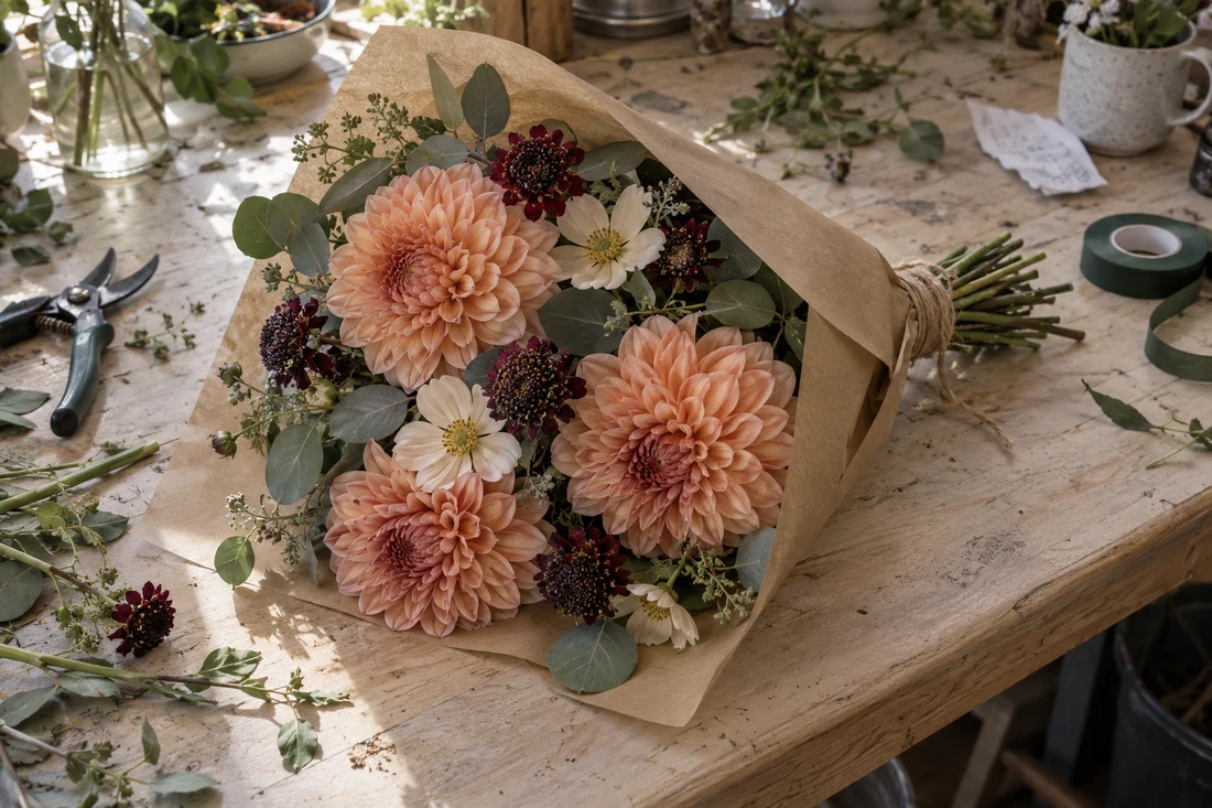 Avant : bouquet sur une table encombrée