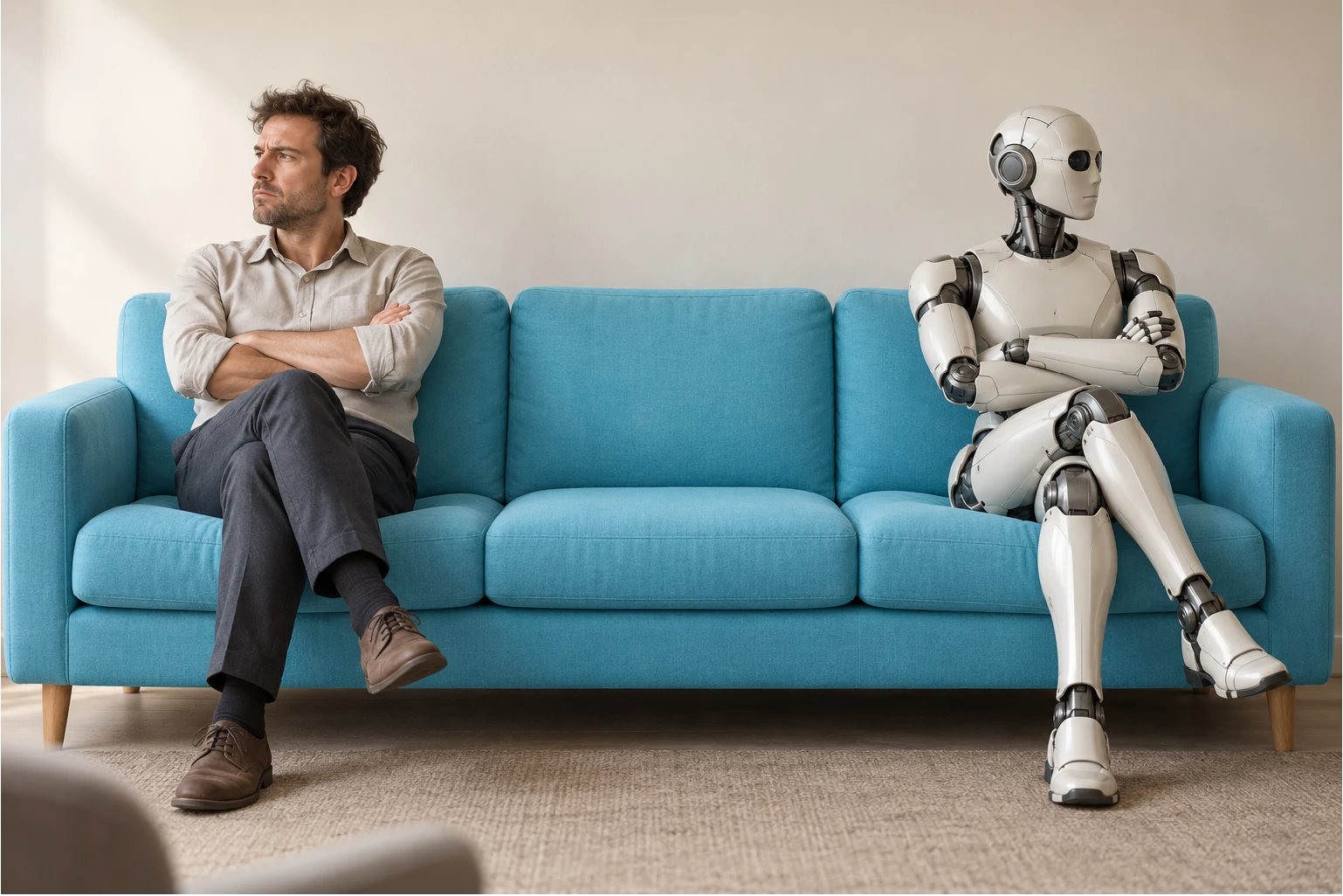 Scène fictive : un homme et un robot se boudent, bras croisés, aux deux extrémités d’un canapé bleu.